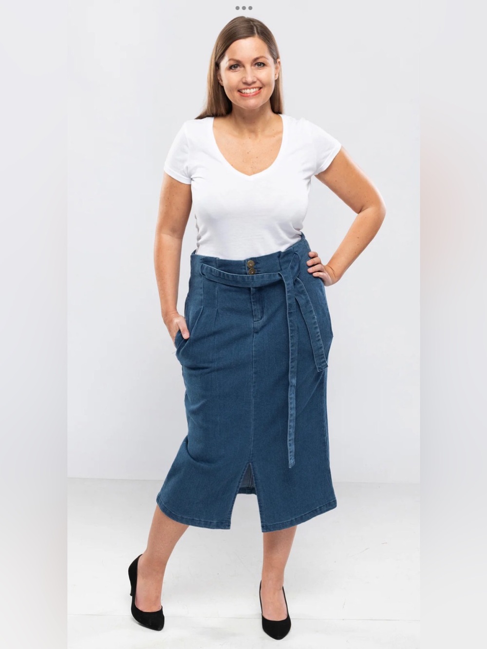 Denim Midi Pencil Skirt-Medium Wash